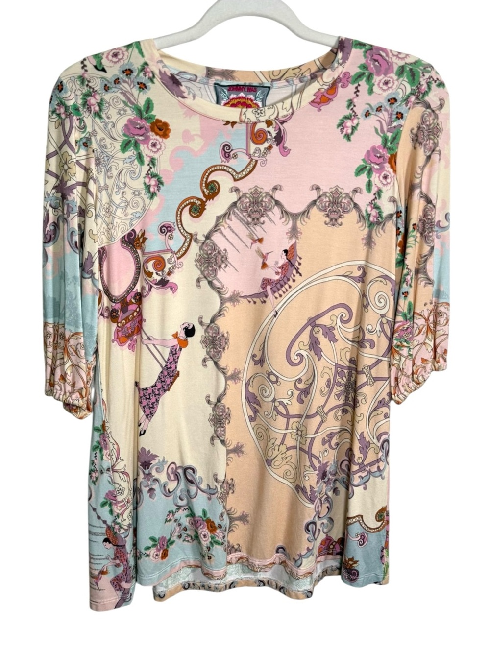 Johnny Was Artsy Boho Scarf Print Top Pastel Y2K Wearable Art S